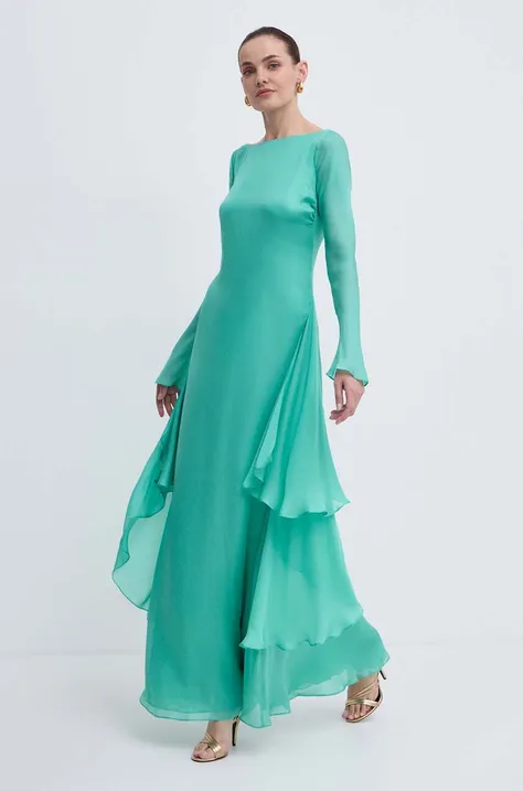 Luisa Spagnoli sukienka jedwabna RUNWAY COLLECTION kolor zielony maxi rozkloszowana 541121