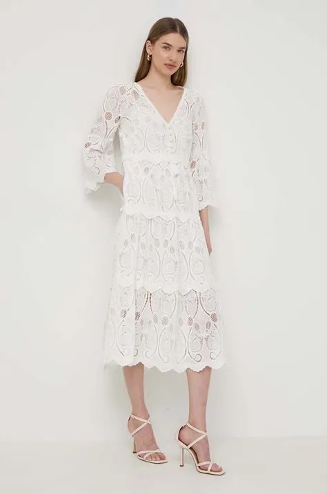 Pamučna haljina Luisa Spagnoli PIGNA boja: bijela, midi, širi se prema dolje, 540712