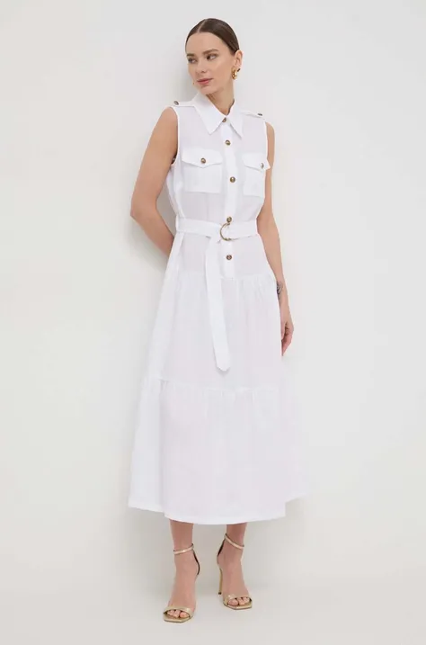 Luisa Spagnoli sukienka lniana kolor biały maxi rozkloszowana