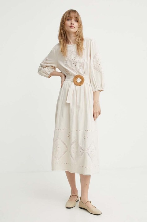 Pamučna haljina BA&SH ELVINA boja: bež, midi, širi se prema dolje, 1E24ELVI
