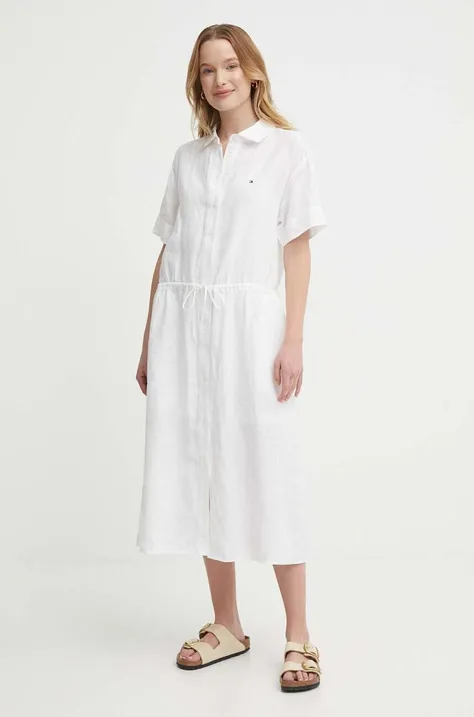 Ľanové šaty Tommy Hilfiger biela farba,midi,áčkový strih,WW0WW41911