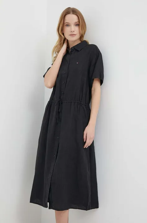 Lanena haljina Tommy Hilfiger boja: crna, midi, širi se prema dolje, WW0WW41911