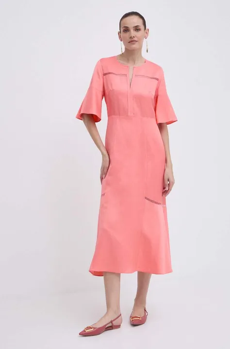 Šaty s prímesou ľanu BOSS ružová farba, midi, áčkový strih, 50512807