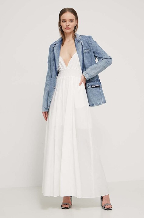 HUGO rochie din bumbac culoarea alb, maxi, evazată 50510425