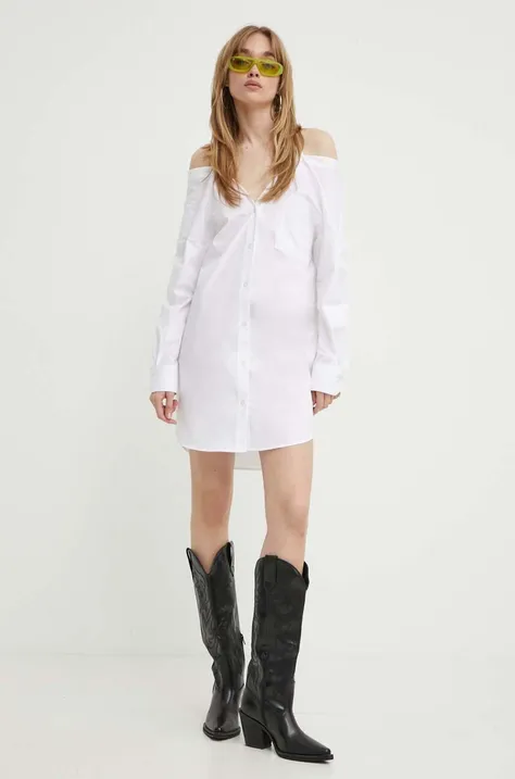 Bavlnené šaty HUGO biela farba, mini, rovný strih, 50512905