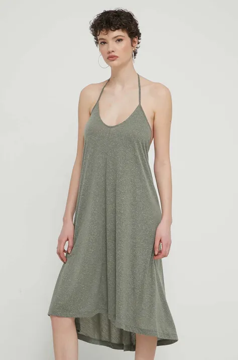 Šaty s prímesou ľanu Roxy zelená farba, mini, rovný strih, ERJX603390