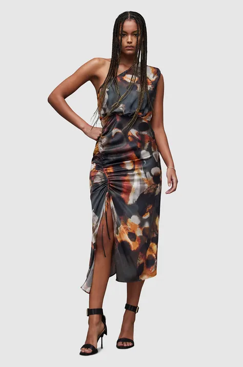 Сукня з домішкою шовку AllSaints Laura колір коричневий maxi облягаюча