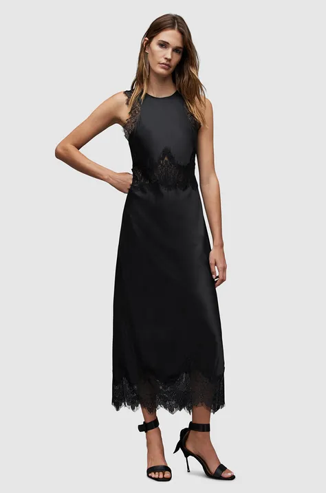 Сукня з домішкою шовку AllSaints Alula колір чорний maxi розкльошена