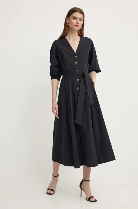 Pamučna haljina Twinset boja: crna, midi, širi se prema dolje
