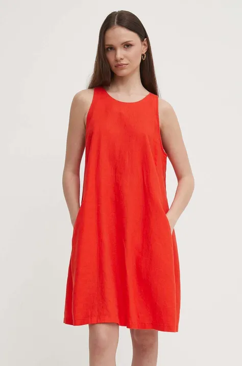 Ľanové šaty United Colors of Benetton červená farba, mini, rovný strih