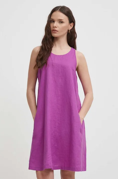 Ľanové šaty United Colors of Benetton fialová farba, mini, rovný strih