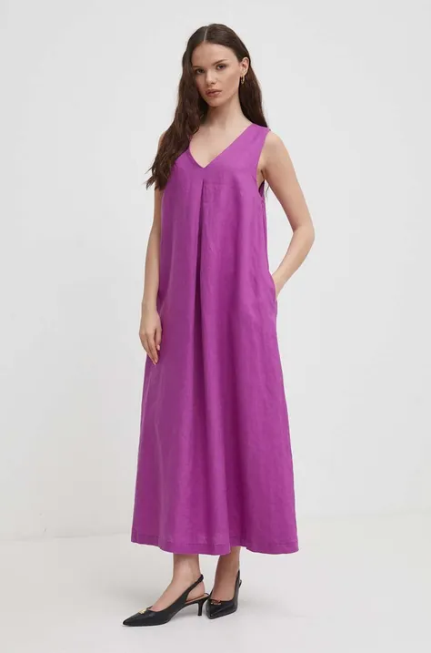Ľanové šaty United Colors of Benetton fialová farba, maxi, áčkový strih