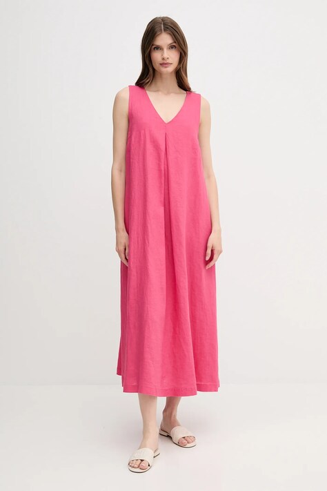 Lněné šaty United Colors of Benetton růžová barva, maxi