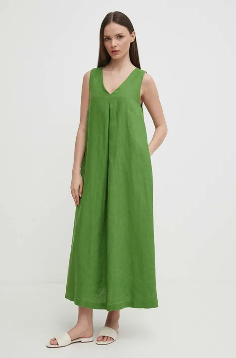 Lanena haljina United Colors of Benetton boja: zelena, maxi, širi se prema dolje