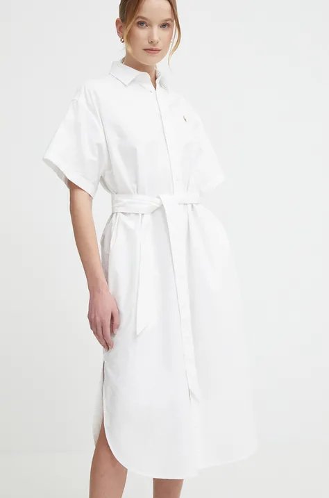 Pamučna haljina Polo Ralph Lauren boja: bijela, midi, ravna, 211935153211935153