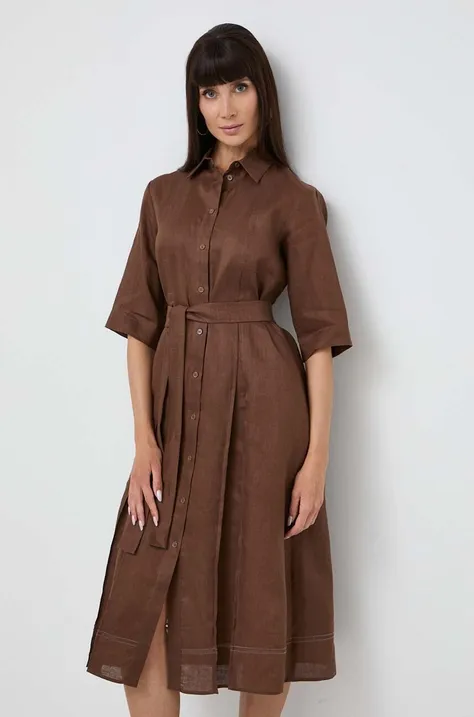 Льняное платье Max Mara Leisure цвет коричневый midi расклешённая