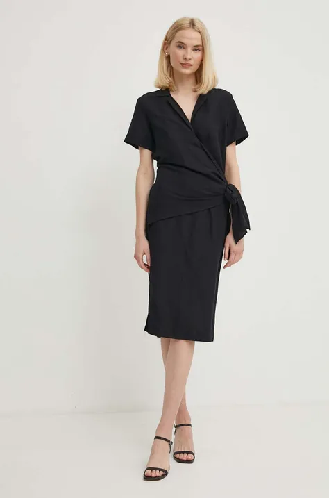 Ленена рокля Sisley в черно среднодълга със стандартна кройка