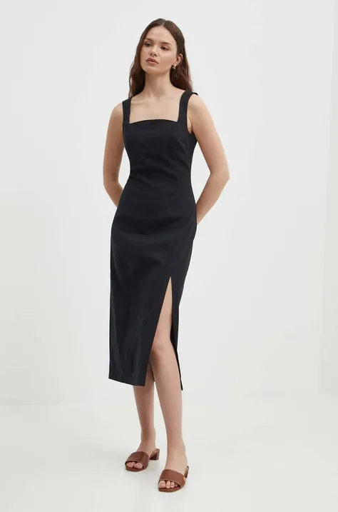 Sisley sukienka lniana kolor czarny midi prosta