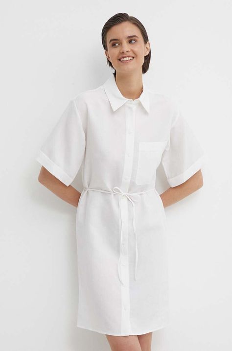 Φόρεμα από λινό μείγμα Calvin Klein χρώμα: άσπρο, K20K206697