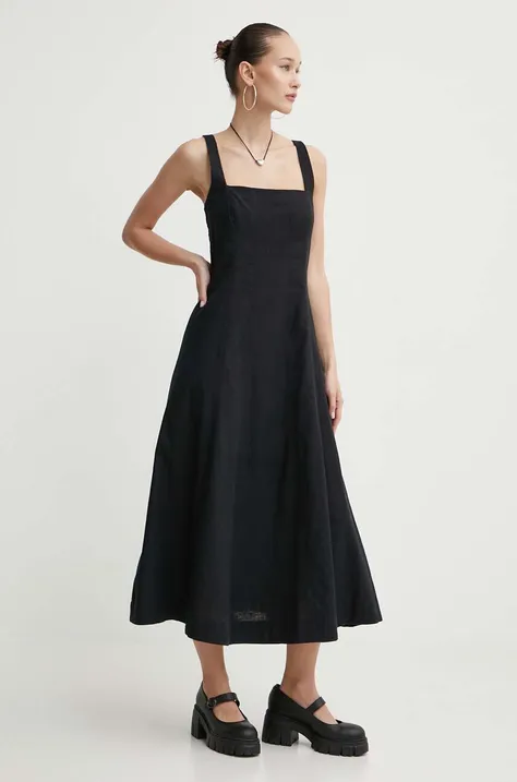 Ленена рокля Abercrombie & Fitch в черно среднодълга разкроена