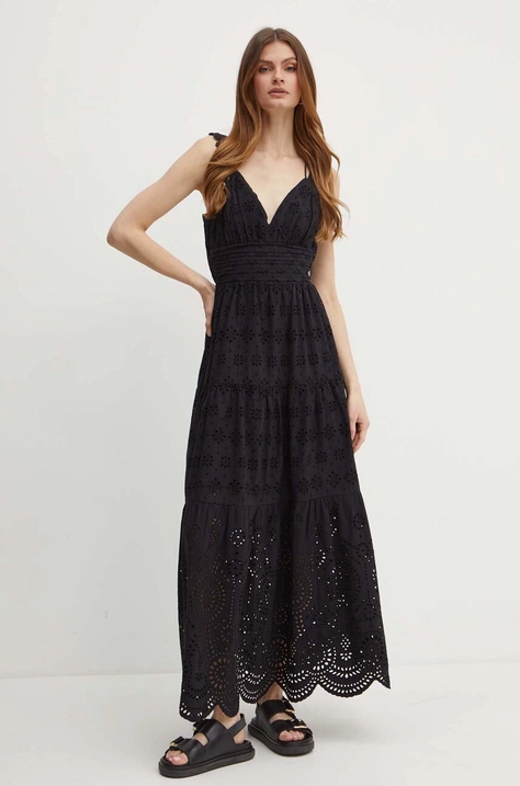 Хлопковое платье Guess PALMA цвет чёрный maxi расклешённое W4GK46 WG571