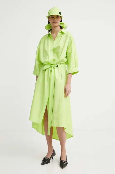 Pamučna haljina MMC STUDIO boja: zelena, midi, širi se prema dolje, FELIA.DRESS