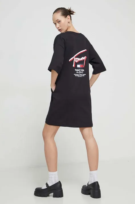 Bavlněné šaty Tommy Jeans černá barva, mini, oversize, DW0DW18095