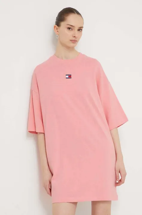 Bavlněné šaty Tommy Jeans růžová barva, mini, oversize, DW0DW18145