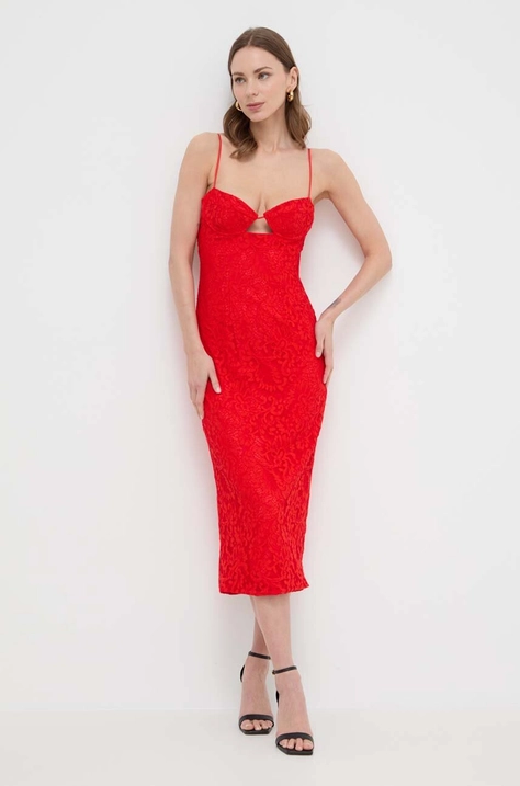 Bardot rochie culoarea rosu, midi, mulata