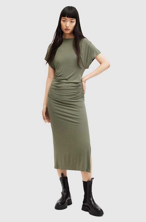 AllSaints rochie NATALIE culoarea verde, midi, mulata