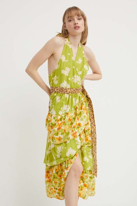 Never Fully Dressed rochie din bumbac culoarea verde, maxi, evazată