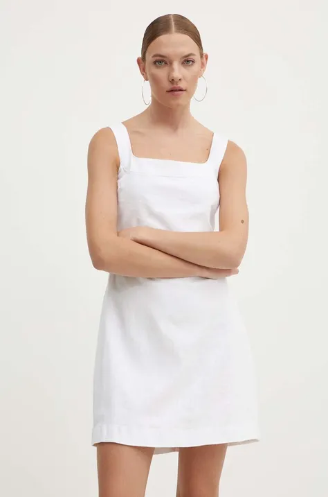 Ленена рокля Abercrombie & Fitch в бяло къса със стандартна кройка