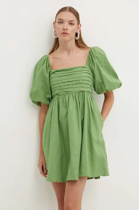 Ľanové šaty Abercrombie & Fitch zelená farba, mini, áčkový strih