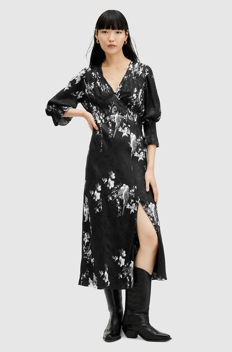 Рокля AllSaints ANI IONA DRESS в черно среднодълга разкроена W003DA