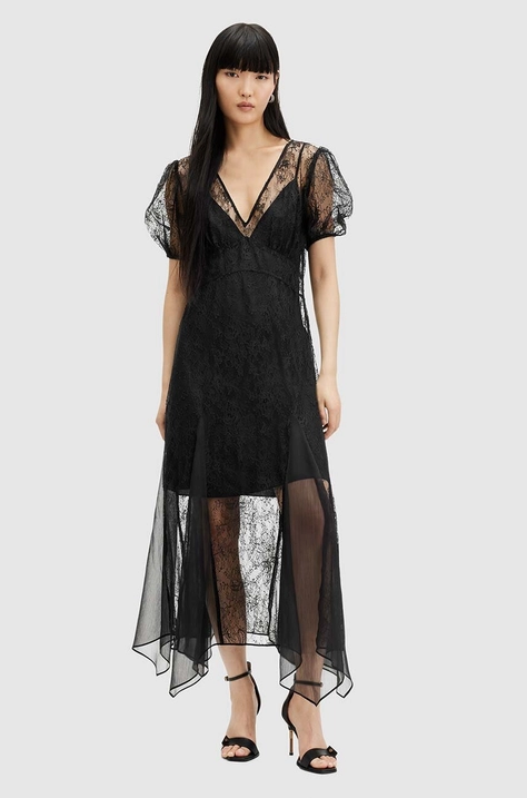 Haljina AllSaints RAYNA LACE DRESS boja: crna, maxi, širi se prema dolje, WD574Z