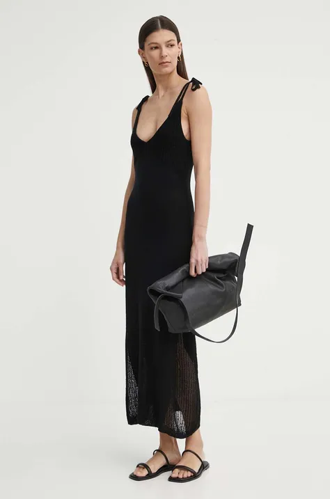 AERON vászon ruha COUNT fekete, maxi, harang alakú, AW24SSDR515505