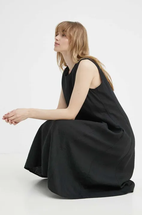 Lanena haljina Marc O'Polo boja: crna, mini, širi se prema dolje, 404064521131