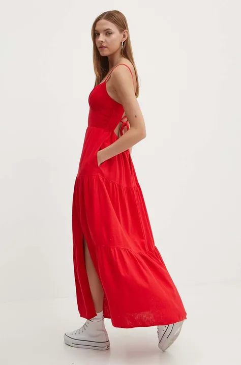 Lněné šaty Hollister Co. červená barva, maxi