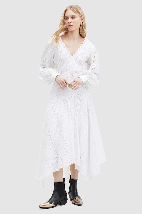 AllSaints rochie din bumbac AVIANA BRODERIE DRES culoarea alb, maxi, evazată, WD579Z