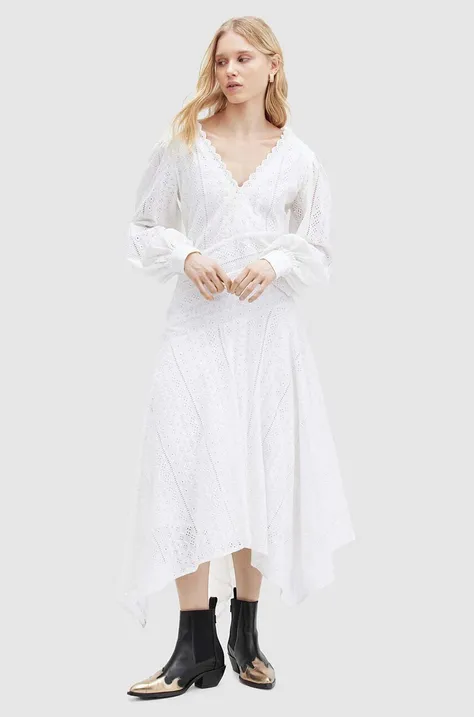 Pamučna haljina AllSaints AVIANA BRODERIE DRES boja: bijela, maxi, širi se prema dolje, WD579Z