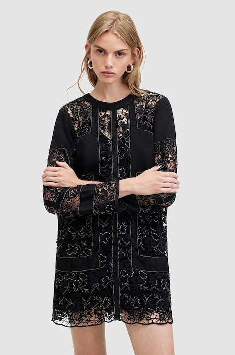AllSaints rochie din amestec de in NOUSH EMB DRESS culoarea negru, mini, dreaptă, WD591Z