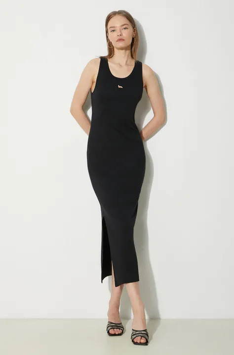 Bavlnené šaty Maison Kitsuné Baby Fox Ribbed Tank Dress čierna farba, maxi, priliehavá, MW01602KJ0125