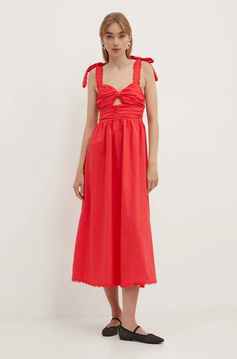 Never Fully Dressed sukienka z domieszką lnu Elspeth kolor czerwony maxi rozkloszowana NFDDR1526