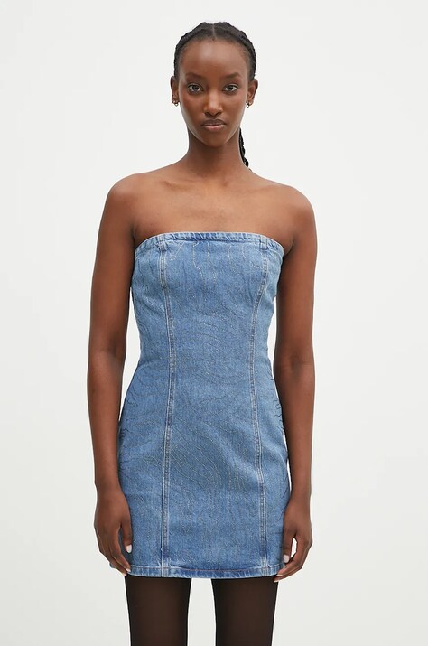 Дънкова рокля Rotate Rhinestone Denim в синьо къса с кройка по тялото 1126361468