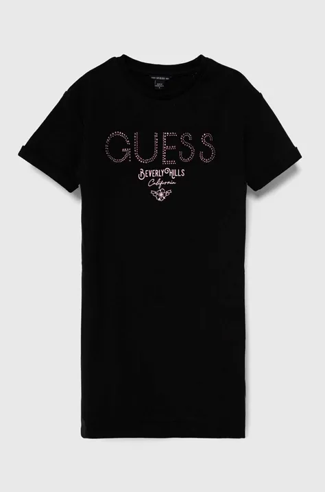 Dievčenské bavlnené šaty Guess čierna farba, mini, rovný strih