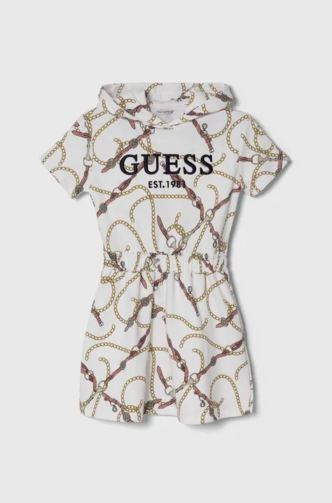 Dievčenské bavlnené šaty Guess béžová farba, mini, áčkový strih