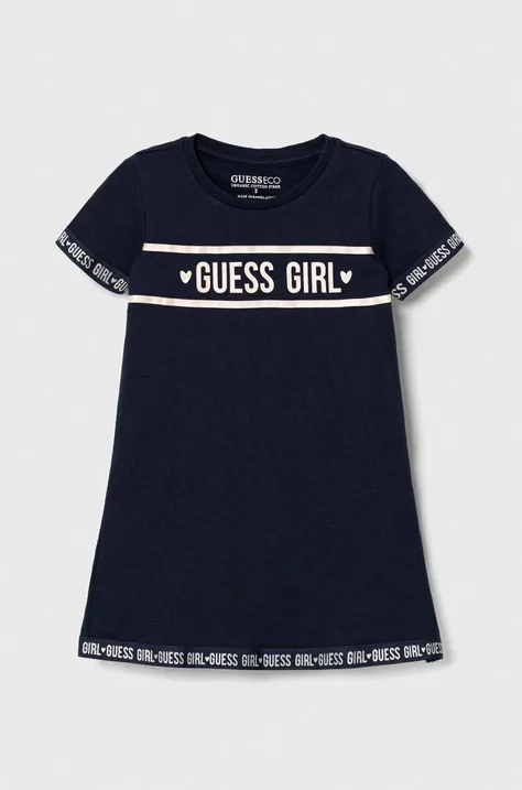 Dievčenské bavlnené šaty Guess tmavomodrá farba, mini, áčkový strih