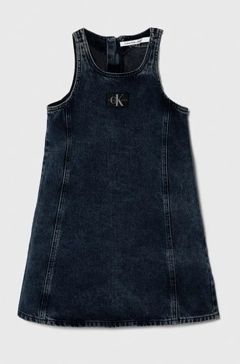 Rifľové šaty Calvin Klein Jeans tmavomodrá farba, mini, rovný strih