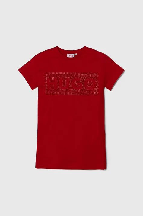Хлопковое детское платье HUGO цвет красный mini прямая