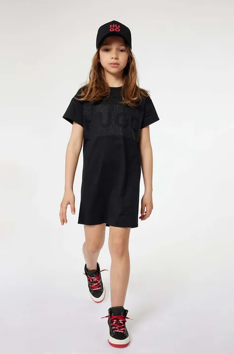 Dětské bavlněné šaty HUGO černá barva, mini